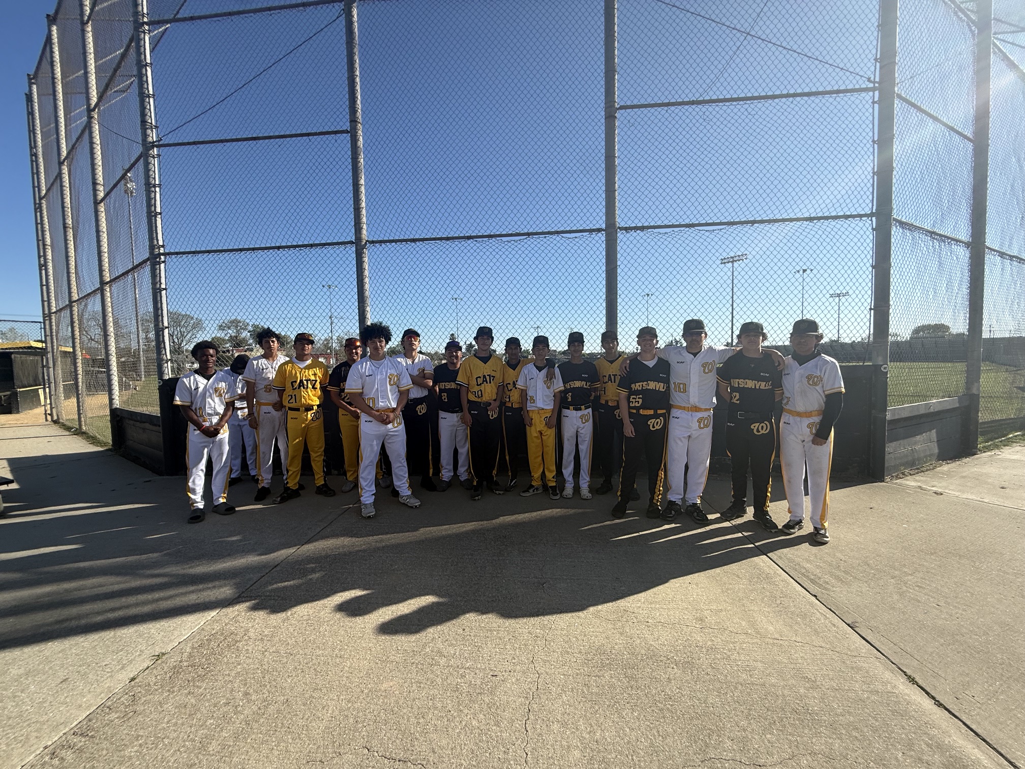 A high school baseball team in yellow, white, and black uniforms poses for a group photo in front of a tall chain-link backstop on a sunny day.